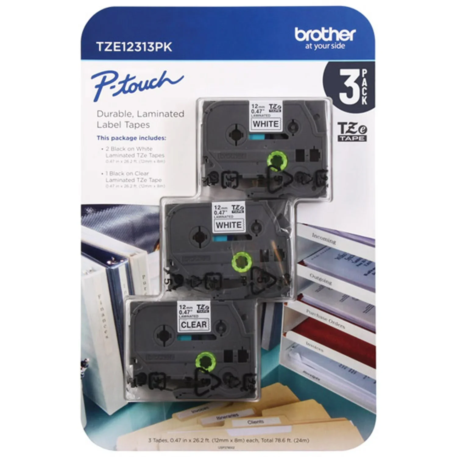Brother TZe12313PK Laminated Label Tape for 12mm P-Touch Labelers 3 Pack (2 x Black on White, 1 x Black on Clear 0.5" x 26.2')